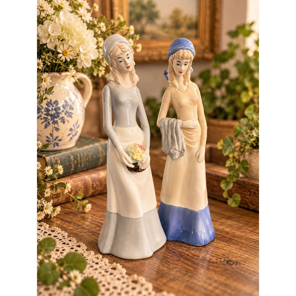 Vintage Brinnco Porcelain Lady Figurines Set of 2 Peasant Maidens 10" 1990s